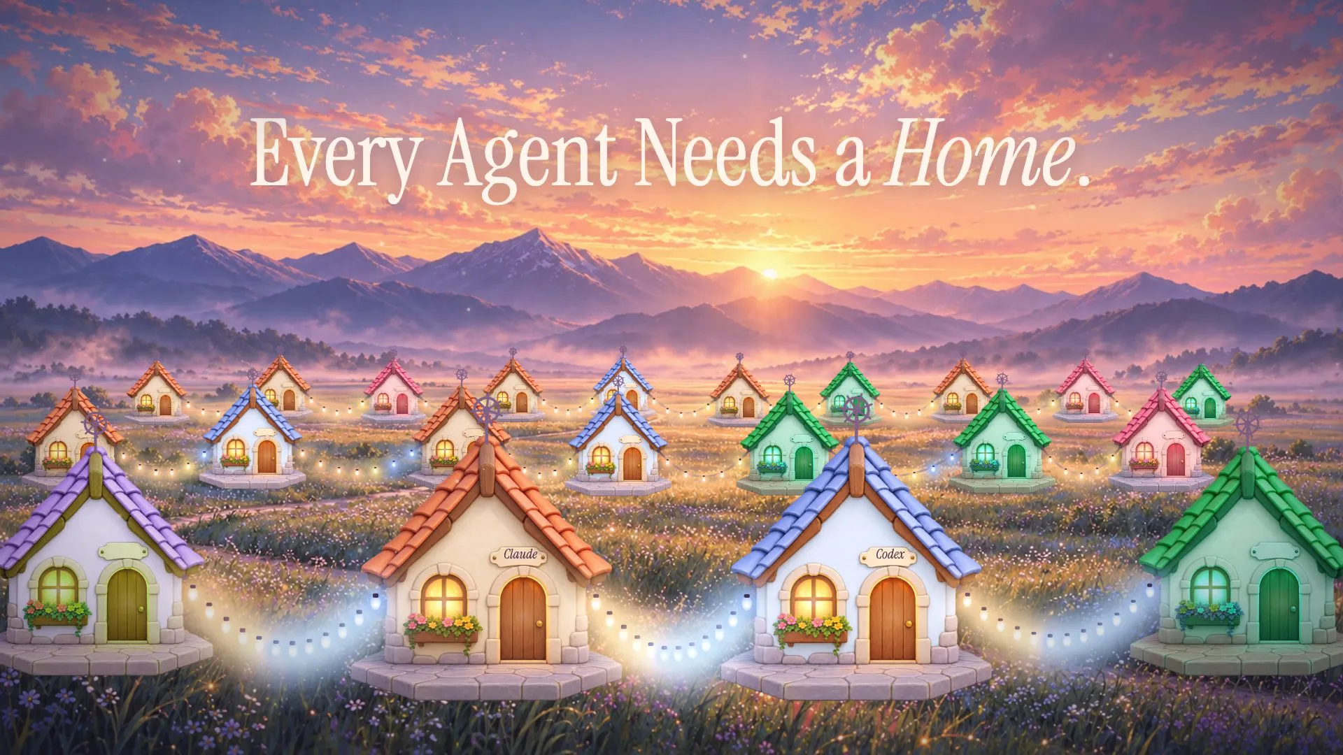 The finished neighbourhood at sunset under the title Every Agent Needs a Home